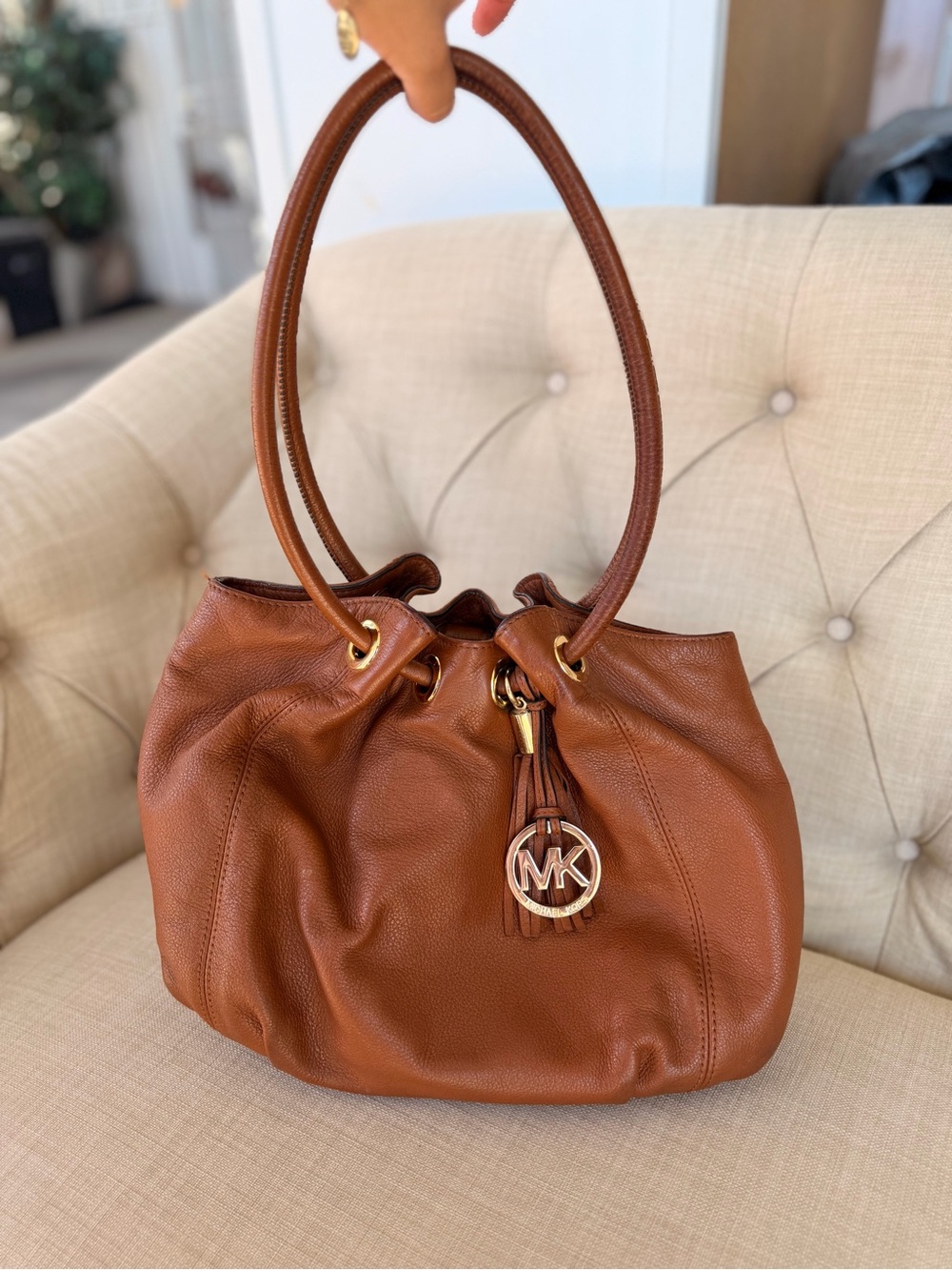 Michael Kors Cognac Leather Shoulder Bag with MK Charm